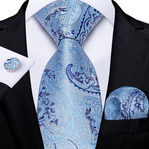 Corbatas de Seda con Estampado Paisley <span class=keywords><strong>Azul</strong></span> Claro para Hombre, Pañuelo, Gemelos, Accesorios Casuales para Boda, Juego de <span class=keywords><strong>Corbata</strong></span>, Regalo - Product Image 2
