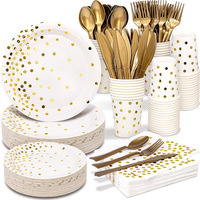 Ensemble de vaisselle jetable à pois dorés pour décorations de fête d'anniversaire, assiettes en papier, serviettes, gobelets, couverts dorés, 200 pièces/paquet