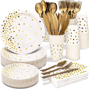 Juego <span class=keywords><strong>de</strong></span> Vajilla Desechable con Diseño <span class=keywords><strong>de</strong></span> Puntos Dorados para Decoración <span class=keywords><strong>de</strong></span> Fiestas <span class=keywords><strong>de</strong></span> Cumpleaños, Platos, Servilletas y Vasos <span class=keywords><strong>de</strong></span> Papel con Puntos, Cubiertos Dorados, 200 Piezas/Paquete - Product Image 3