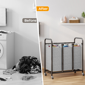 Vuilklerenmand Met Drie Tralies Voor Wasgoed Met Zware Rollende Afsluitbare Wielen En Afneembare Tassen Organizerkar - Product Image 4