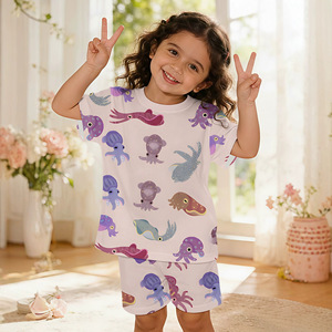 Ensemble pyjama d'été doux 2 pièces pour filles, motif pieuvre et calmar de dessin animé, couleur unie, manches courtes et short, GSM non spécifié - Product Image 1