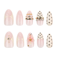 Ongles en acrylique personnalisables à presser, vente en gros, motif floral 3D, dentelle, pois, amande, longueur moyenne, strass dorés, ongles de luxe