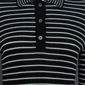 Estilo de moda <span class=keywords><strong>Punto</strong></span> <span class=keywords><strong>fino</strong></span> 16G Ajuste clásico Cuello de polo Botón a rayas Solapa Lana Merino Suéter de blusa de <span class=keywords><strong>punto</strong></span> para <span class=keywords><strong>mujer</strong></span> - Product Image 3