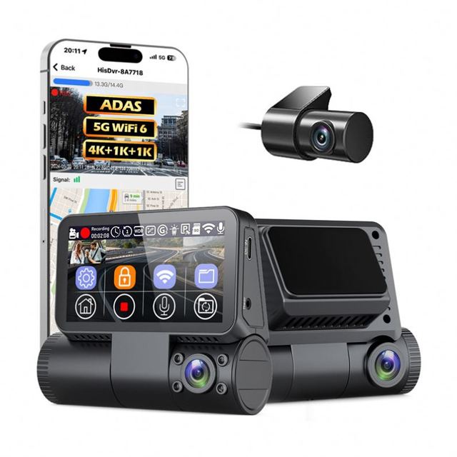 AI Smart ADAS Warning Car Dash Camera 4K Front/Rear 3channel Cabin IR Night Vision Touch LCD WiFi5Ghz Super Capacitor 1 Year