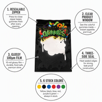 Sachets d'emballage alimentaire pour bonbons gélifiés et chewing-gums, avec fenêtre transparente, refermables à fermeture éclair, à trois soudures latérales, pochettes plates, en vrac, qualité alimentaire