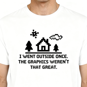 Maglietta da uomo Retro Pixel Gamer con slogan divertente: Andai fuori una volta e i grafici non erano fantastici, in cotone - Product Image 1