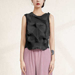 Vêtements d'été PY pour femmes, col roulé, respirant, écologique, élégant, gilet plissé, texture losange, décontracté, plissé 3D - Product Image 2