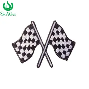 Wholesale Custom Black and White Car Racing Checked Flag Patch DIY Cloth Badges Embroidered Applique Iron on for hats