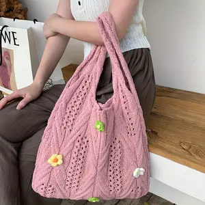 Spring SUmmer Flower Decor Knitted Tote Bag Aesthetic Hollow Wool Crochet Bag Handsew Woven Flowers Shoulder Bag For Women