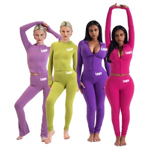 Tùy chỉnh của phụ nữ Zip Áo khoác Flare Quần chạy bộ phù hợp với vấn đề cơ bản hoodie <span class=keywords><strong>Set</strong></span> Skinny bùng quần tùy chỉnh phụ nữ thiết lập cơ thể hai mảnh - Product Image 2