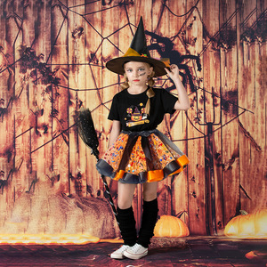 Costume d'Halloween pour enfants, jupe tutu en maille imprimée, chapeau de sorcière et balai, jupe bouffante, style européen et américain pour filles - Product Image 4