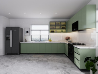 Nouvelle annonce : Ensemble de meubles de cuisine modulaires de luxe en aluminium, comprenant armoires, îlot de cuisine, tiroirs, portes vitrées et robinet