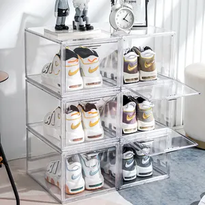 Kotak Dapat Dilipat Sepatu Sneaker Display Peti Organizer Wadah Sepatu Kotak Penyimpanan Akrilik Jelas Drop Depan Plastik Kotak Sepatu