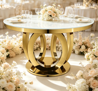 Table de mariage ronde en acier inoxydable doré avec plateau en verre trempé blanc, table de banquet de luxe pour location événementielle