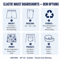 Shorts de bain pour hommes personnalisés à taille élastique sans cordon, en polyester recyclé, protection UPF 50+, taille ajustée, OEM