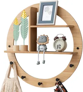 Estante de pared de madera con ganchos, estantería circular decorativa con imagen enrollable para aumentar el zoom