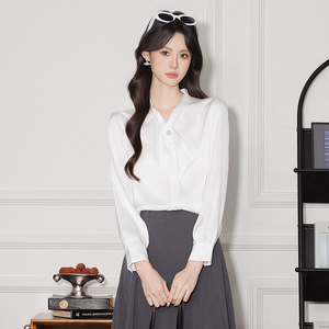 White Satin Shirt Long Sleeve Solid Color Ribbon Detail Work Blouse Women's Formal Wear Q6697 - Product Image 4