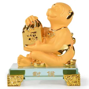 Zodiac Sculpture Base in vetro Home Office Table Decor Figurine Monkey Feng Shui Zodiac Statue Golden Gift Resin Chinese Folk Art