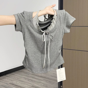 Top deportivo de dos piezas con lazo para mujer con cintura irregular Nueva Camiseta de manga corta de longitud corta para el verano Diseño de especias dulces picantes - Product Image 5