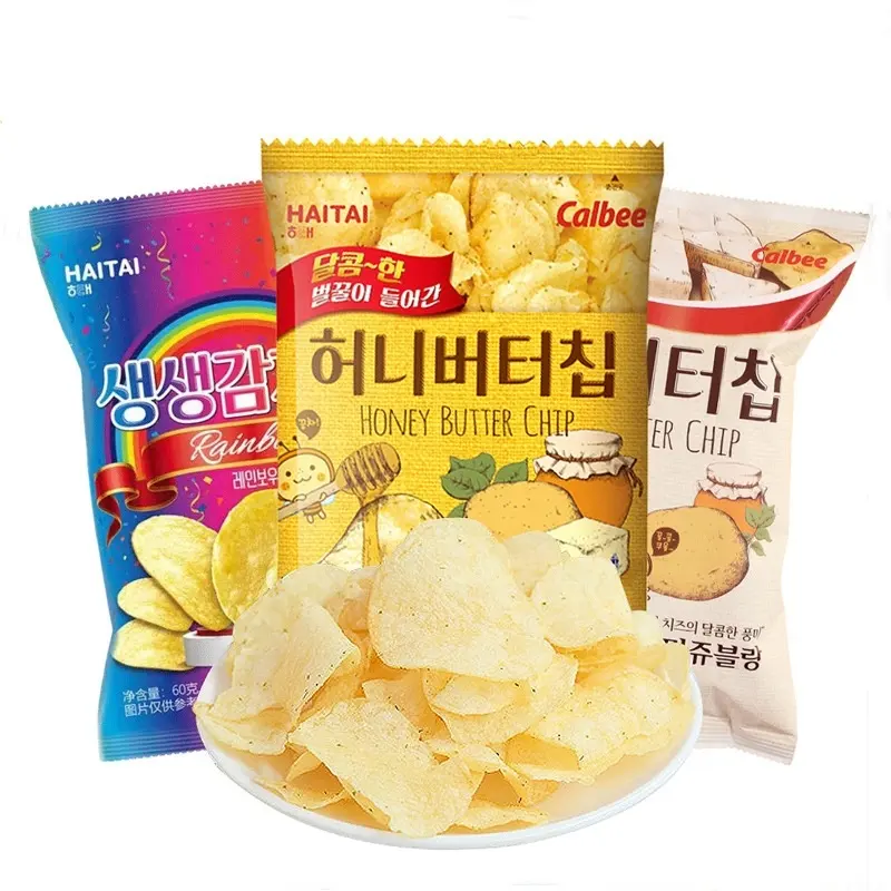 Beliebte 60 g kräuselfritte Kartoffelchips koreanische Honigbutter Meeresfrüchte Geschmack asiatische exotische Snacks mit salzigem Geschmack verpackte Säcke