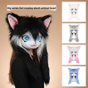Traje de piel de invierno 2026 con capucha de cabeza de bestia estilo Kigurumi, peluche de <span class=keywords><strong>cosplay</strong></span> con orejas de gato, lindo y peludo, para Comic Con - Product Image 2