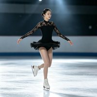 Robe de patinage artistique noire en dentelle à manches longues avec dos découpé pour filles et adultes, idéale pour les compétitions et spectacles sur glace