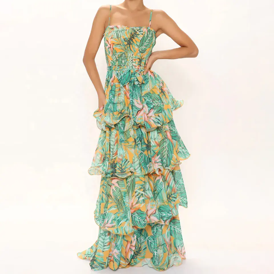 Verano moda viaje Maxi vestido verde estampado Floral con volantes 2023 vestido de lino de alta calidad mujer gorda Maxi vestido