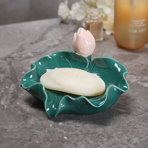 Lotus Soap Dish Ceramic Leaf Shape Self Drain For Bathroom Home Decor - Product Image 1