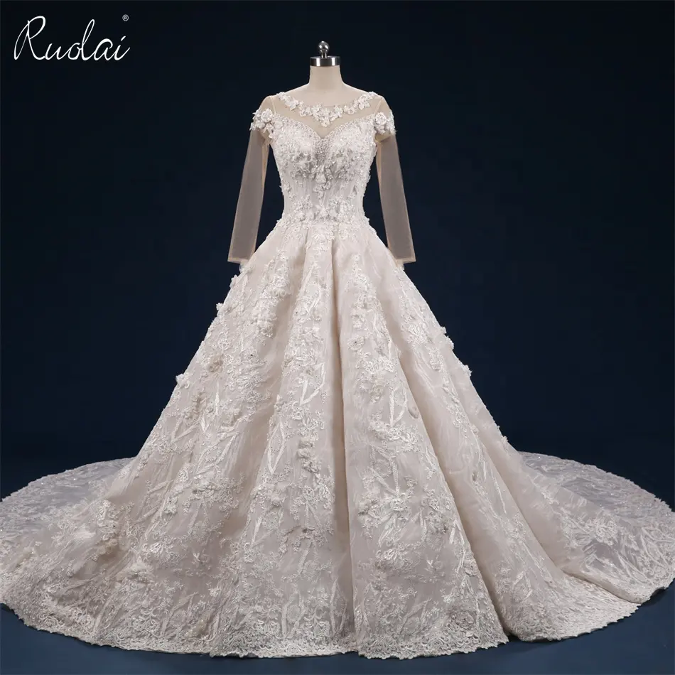 Ruolai QW01397 sevgiliye uzun kollu dantel düğün elbisesi ile 3D çiçekler boncuk gelin kıyafeti kadınlar için