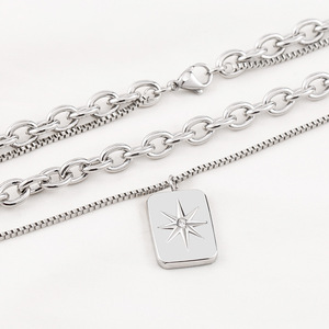 yunnique Fashion Layered Necklace Double <b>Chain</b> Star Pendant <b>Titanium</b> Steel Silver Tone Hip Hop Style - Product Image 4