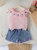 Ensemble de tenue d'été pour filles, haut sans manches rose à volants brodés en forme de cœur, short en jean pour enfants