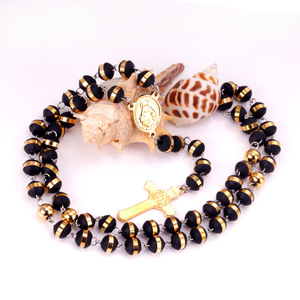 สร้อยคอไม้กางเขนลูกประคำสีดำทอง ขนาด 63 ซม. สแตนเลสสตีล จี้พระแม่มารี เครื่องประดับสำหรับพิธีทางศาสนา เหมาะสำหรับทั้งชายและหญิง - Product Image 4