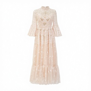 Women's Summer Midi Dress Empire Waist A-Line Silhouette 3/4 Flare Sleeve Floral Embroidery Beading Ruffles Polyester Vintage - Product Image 2