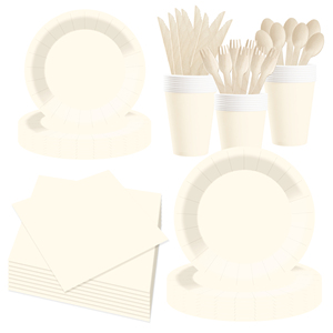 DAMAI - Juego de Vajilla Desechable de Papel Color Crema para Fiestas, Platos de 7 y 9 Pulgadas, Vasos de Papel y Servilletas - Product Image 3