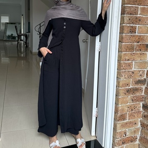 Dubai Turkish Solid Color Buttoned Robe and Pants Women's 2 Piece <b>Set</b> Fashion - Product Image 3