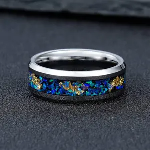 Fashion Polished Gold Leaf Blue Opal Sand Stone Men Wedding Ring Inlay Silver Color Tungsten Rings