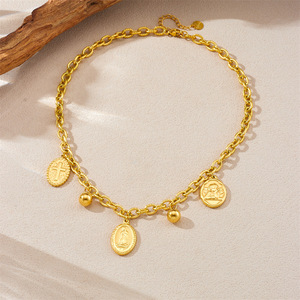Gold Plated Stainless Steel Oval Pendant Chain Jewelry <b>Set</b> Cross Angel Design Unisex Everyday Wear Two Piece Necklace <b>Bracelet</b> - Product Image 2