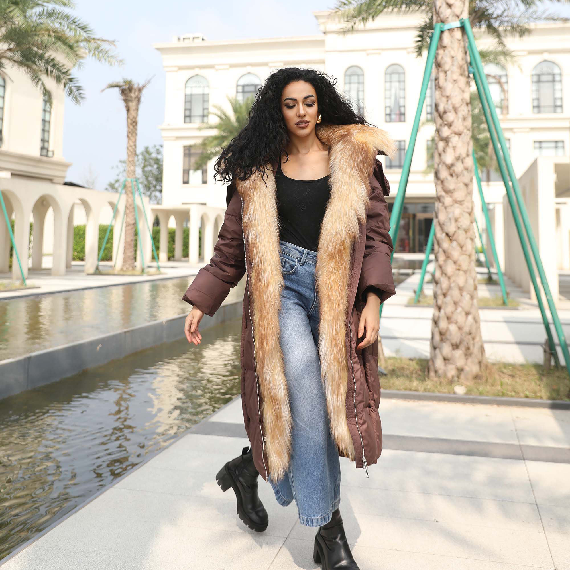 Women Long Length Real Fox Fur Trim Hooded Goose Feather Jacket