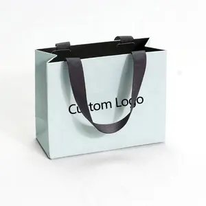 Custom Logo Printed Clothing Jewelry Luxury Ribbon Gift Bag Shopping Gift Kraft Paper Bag With Handle