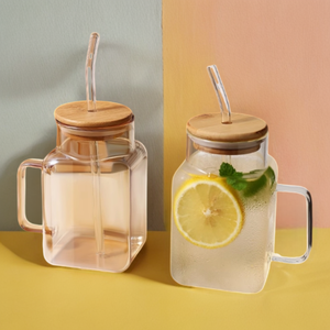 Bouteille en verre borosilicate carrée style <span class=keywords><strong>CHAPLIN</strong></span> avec couvercle en bambou et poignée, capacité 620 ml, tasse à café/thé au lait faite à la main, compatible micro-ondes - Product Image 6