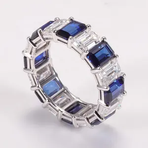 14k White Gold Moissanite Diamond Ring Emerald Cut Moissanite And Blue Croundum Ring Special Design Fashion Style Ring Band