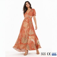 Robe longue femme en viscose 120 GSM, coupe trapèze évasée, manches bouffantes, imprimé floral Rose du Désert, style arabe romantique, personnalisable avec logo – Vente en gros