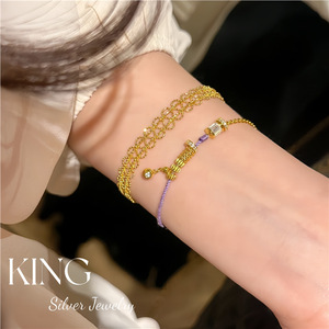 Pulsera de cuerda de plata S925 chapada en oro con diseño de lavanda y anillo trenzado, regalo de moda, de King Silver Jewelry - Product Image 3