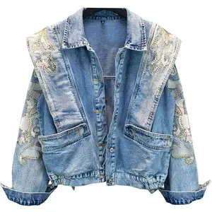 Streetwear Jacket Women Retro Embroidered Hot Drill Denim Jacket Hip Hop Loose Rhinestone Jeans Jacket Short Denim Coat