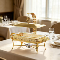Réchaud à alcool FLEY en acier inoxydable doré avec plat en verre transparent et couvercle suspendu pour buffets, mariages et événements de restauration