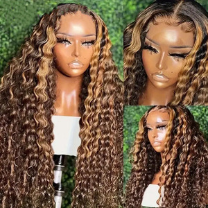 HQ Mixed Proc Discount 13*4 Lace Frontal Wig Deep Curly Brazilian Human Raw <b>Hair</b> 200% 250% Density Highlight Bouncy Curly Wig - Product Image 1