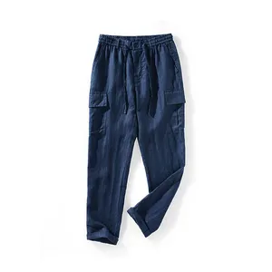 Nova chegada solta streetwear clássico linho calças personalizadas multi bolsos respirável linho calças homens