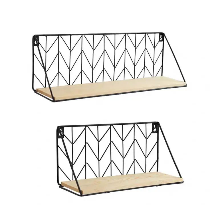 Dekoratif Organizer Penyimpanan Hitam Logam dan Kayu Set 2 Mengambang Dinding Mount Rak untuk Kamar Tidur Samping Tempat Tidur Dapur