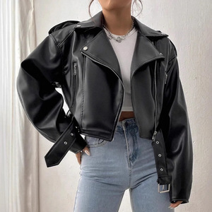 Abrigo de motociclista Retro con cremallera para <span class=keywords><strong>mujer</strong></span> con cinturón, ropa de calle, prendas de vestir, Chaqueta corta de piel sintética holgada Vintage de gran tamaño para <span class=keywords><strong>mujer</strong></span> - Product Image 2