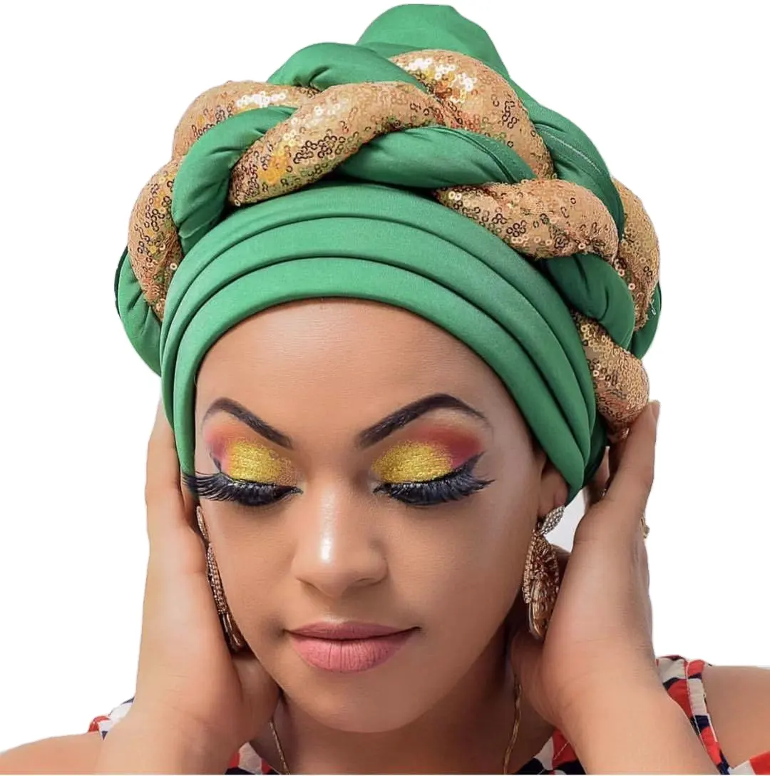 Baru Ruang Lapisan Payet Kepang Wanita Headwrap Dikepang Afrika Headwrap Muslim Berlian Imitasi Sorban untuk Wanita